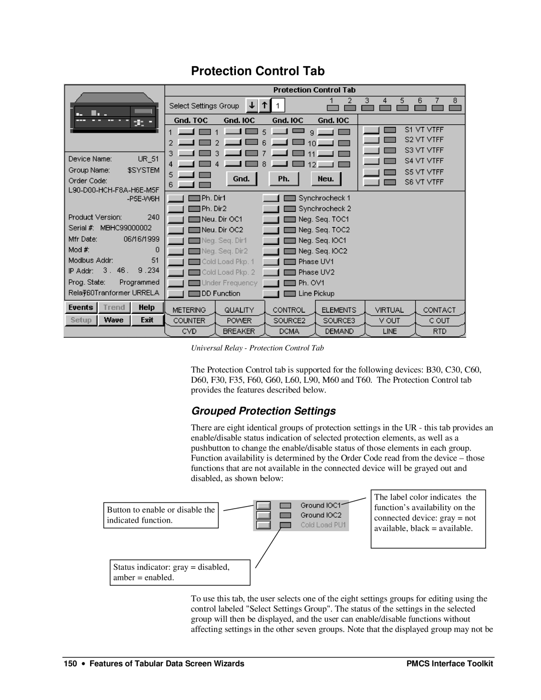 GE DEH-210 manual Protection Control Tab, Grouped Protection Settings 