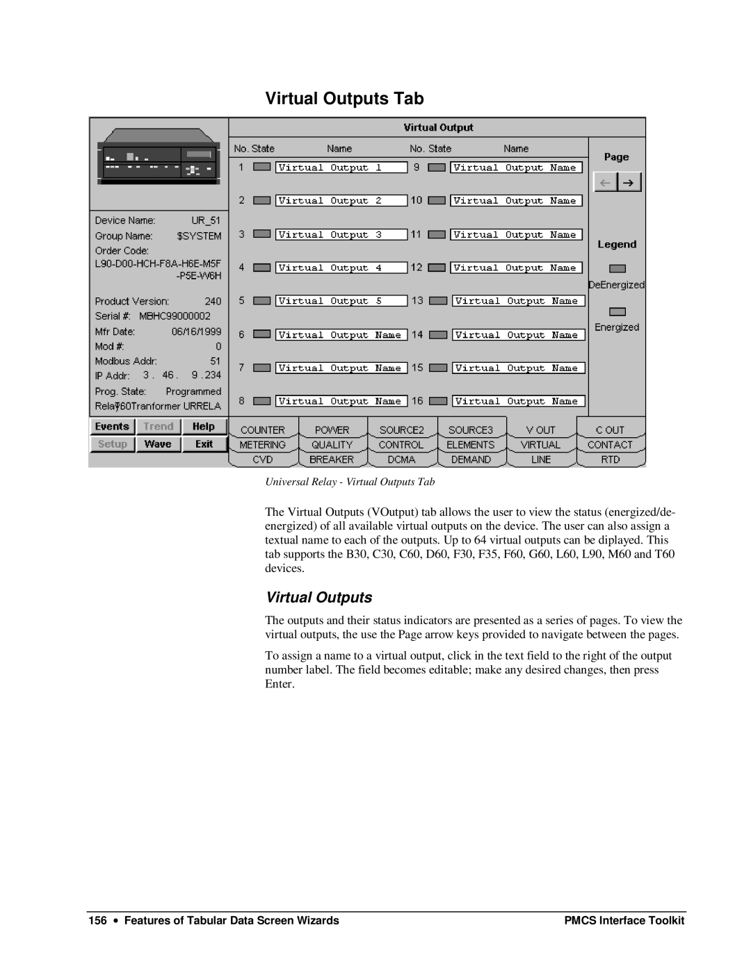 GE DEH-210 manual Virtual Outputs Tab 