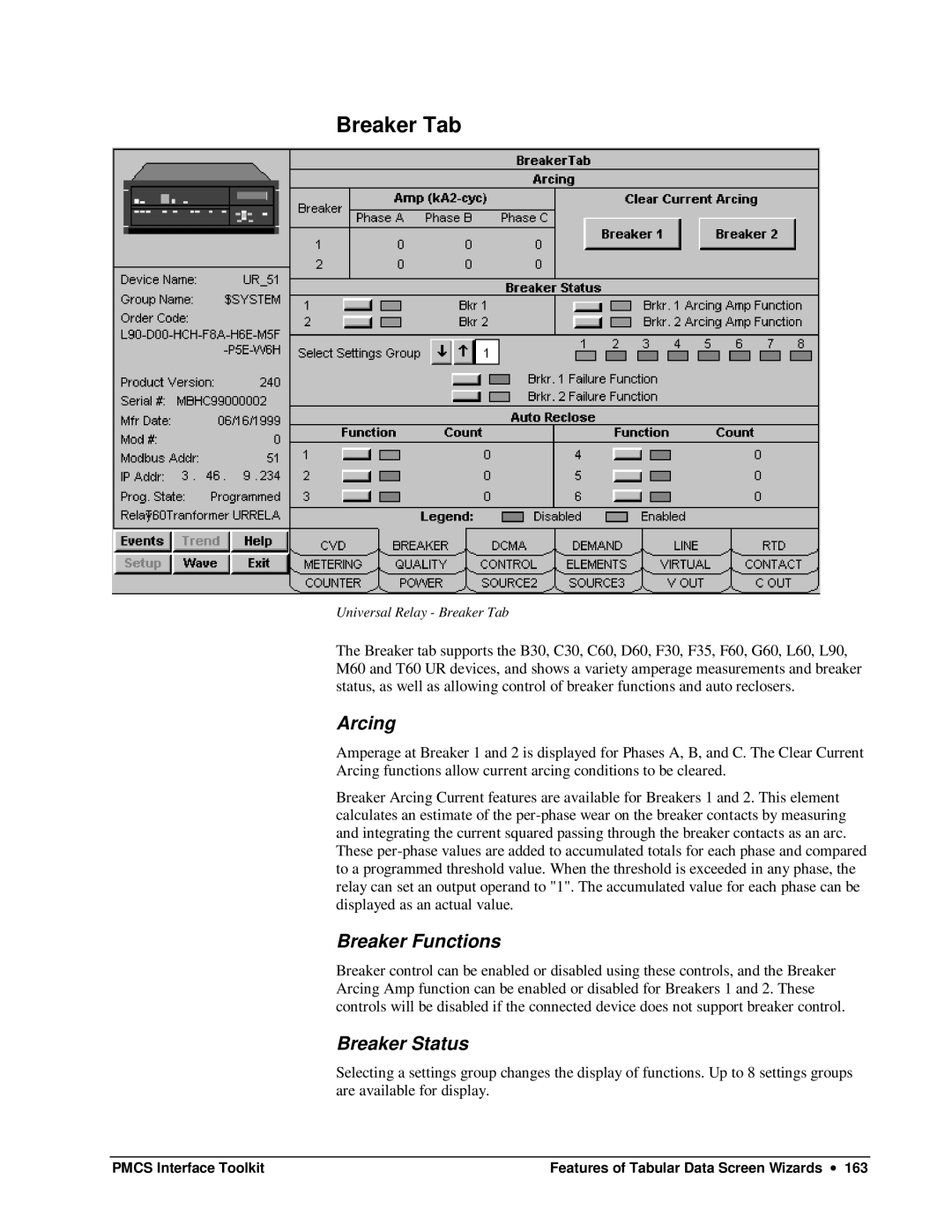 GE DEH-210 manual Breaker Tab, Arcing, Breaker Functions, Breaker Status 