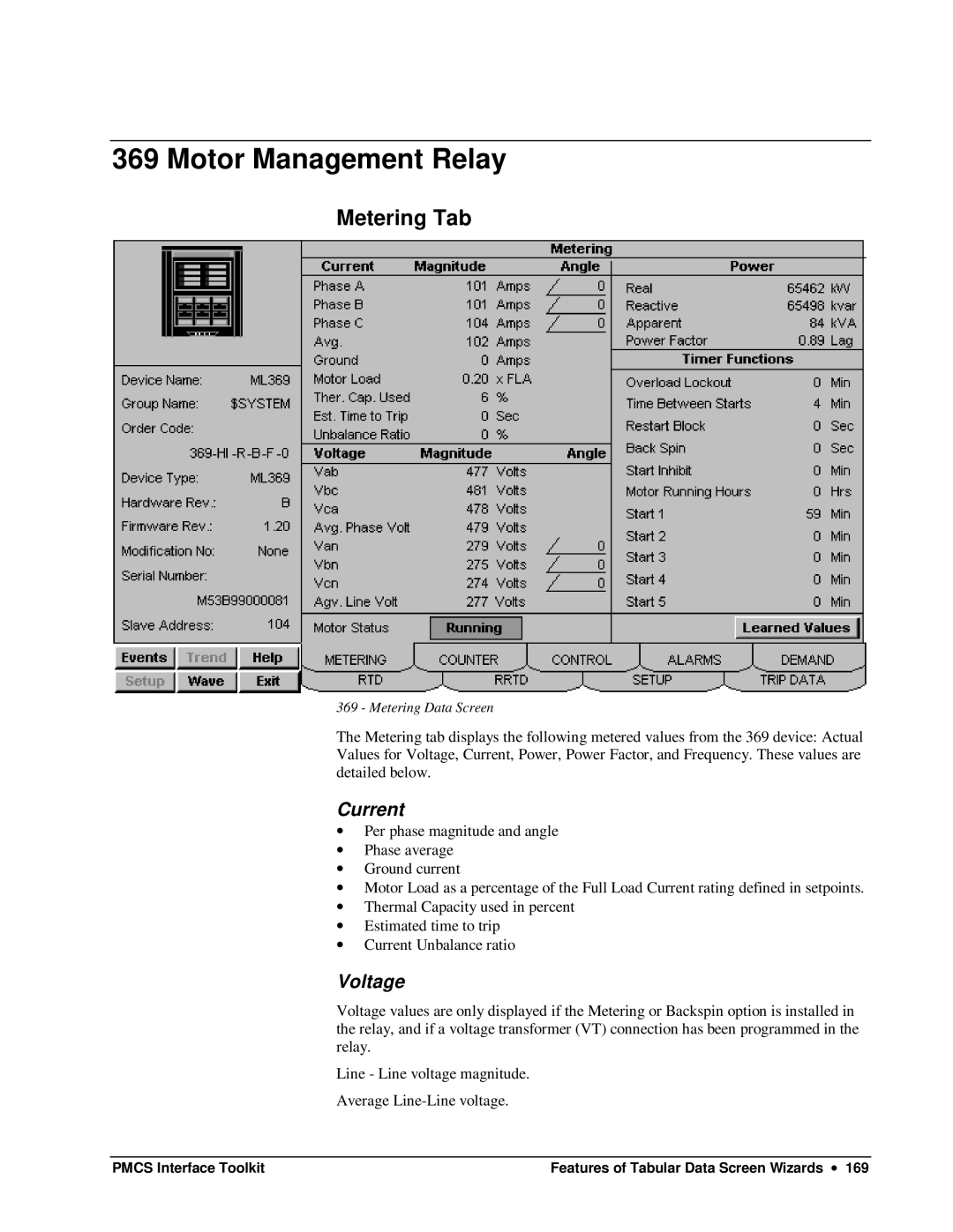 GE DEH-210 manual Motor Management Relay, Metering Tab 