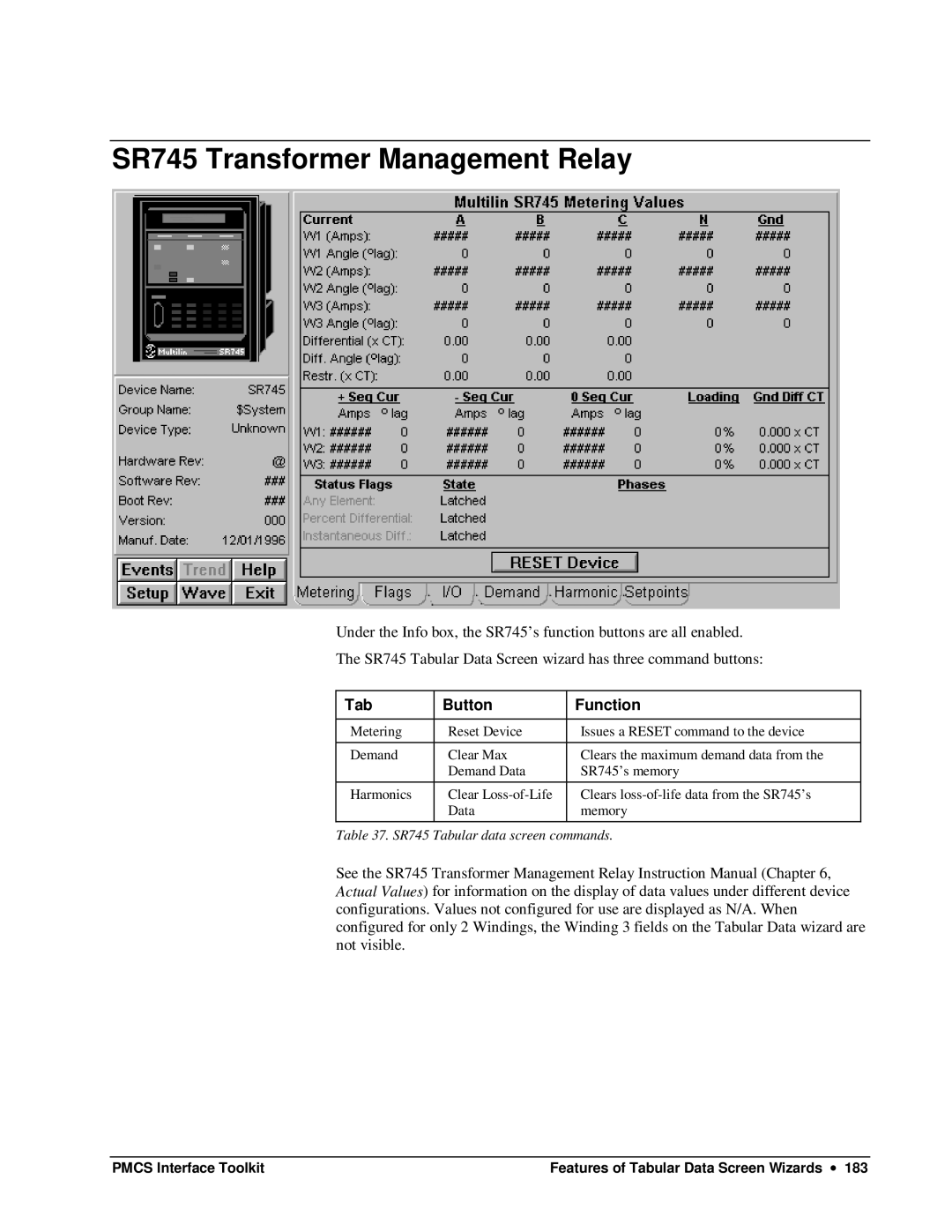 GE DEH-210 manual SR745 Tabular data screen commands 