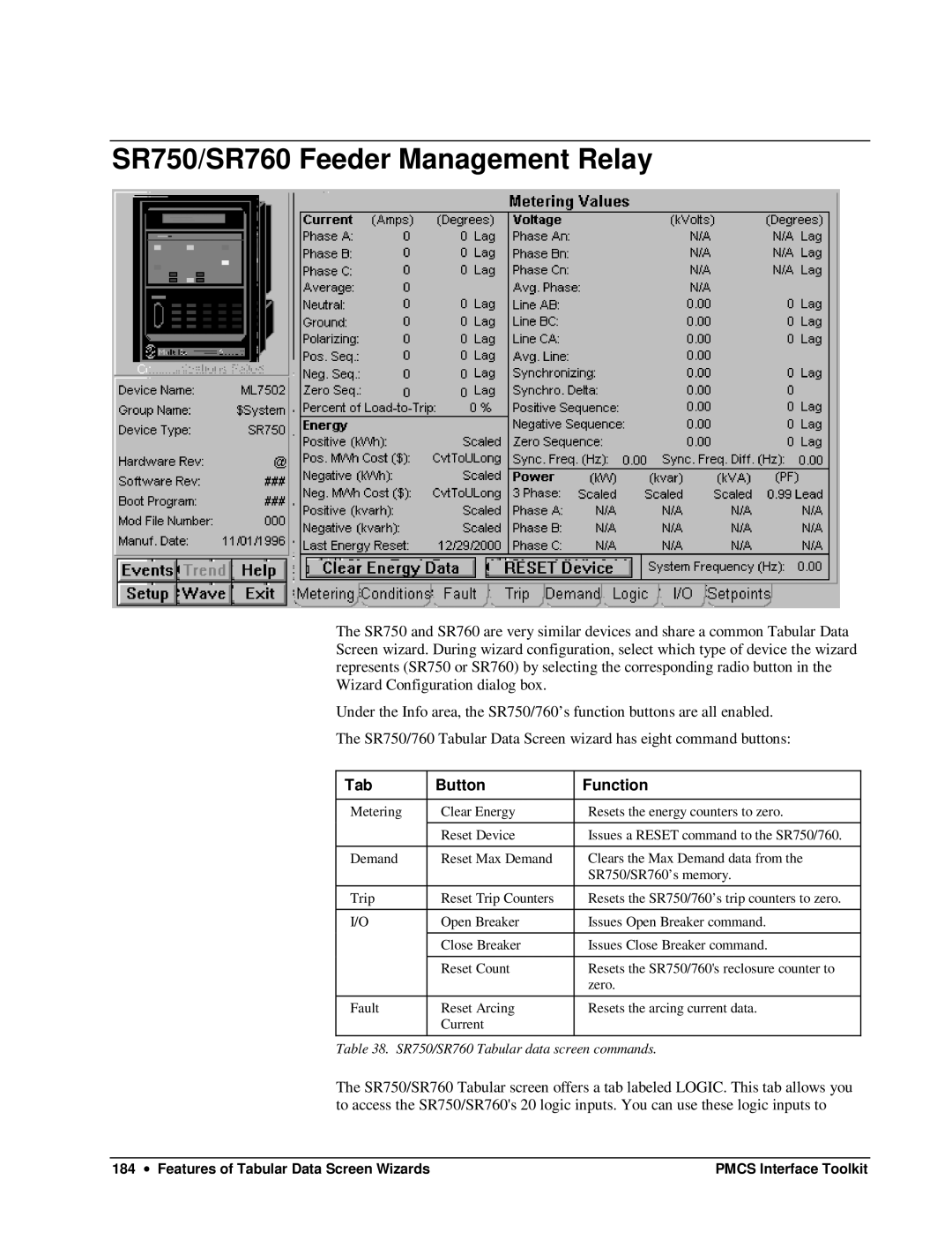 GE DEH-210 manual SR750/SR760 Tabular data screen commands 