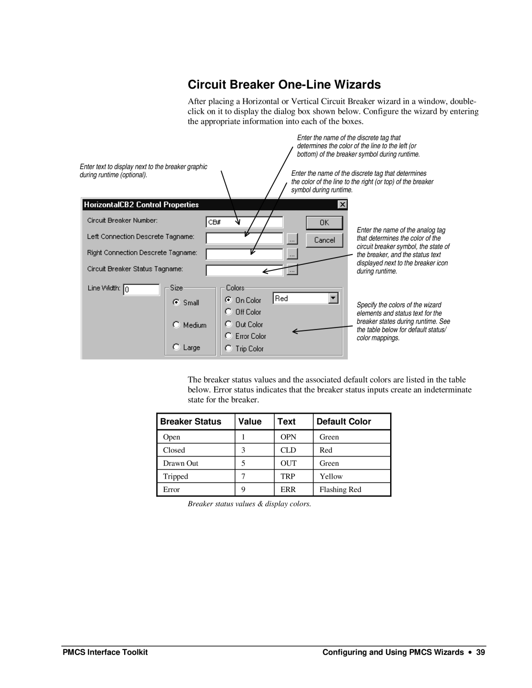 GE DEH-210 manual Circuit Breaker One-Line Wizards, Breaker Status Value Text Default Color 