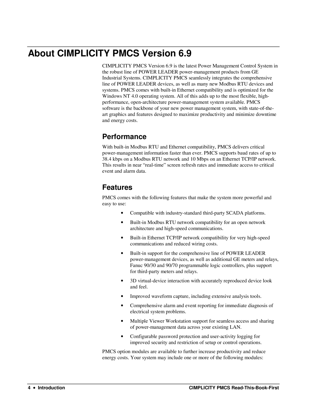 GE DEH-211 manual About Cimplicity Pmcs Version, Performance, Features 