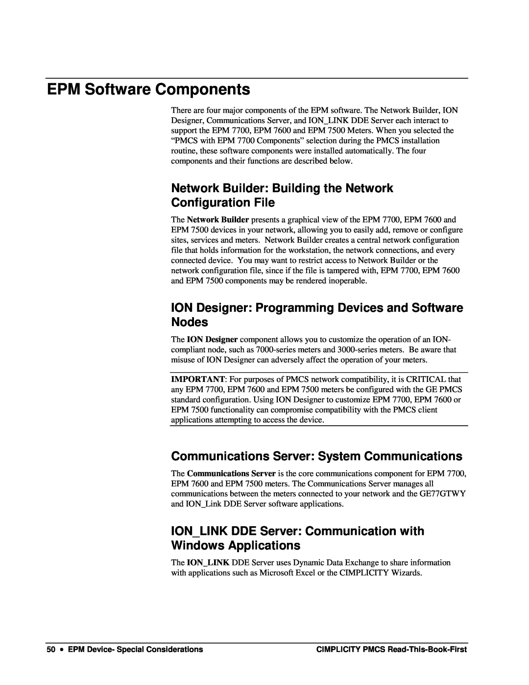GE DEH-211 EPM Software Components, Network Builder Building the Network, Configuration File, Nodes, Windows Applications 