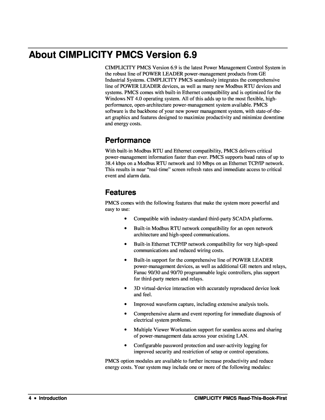 GE DEH-211 manual About CIMPLICITY PMCS Version, Performance, Features 