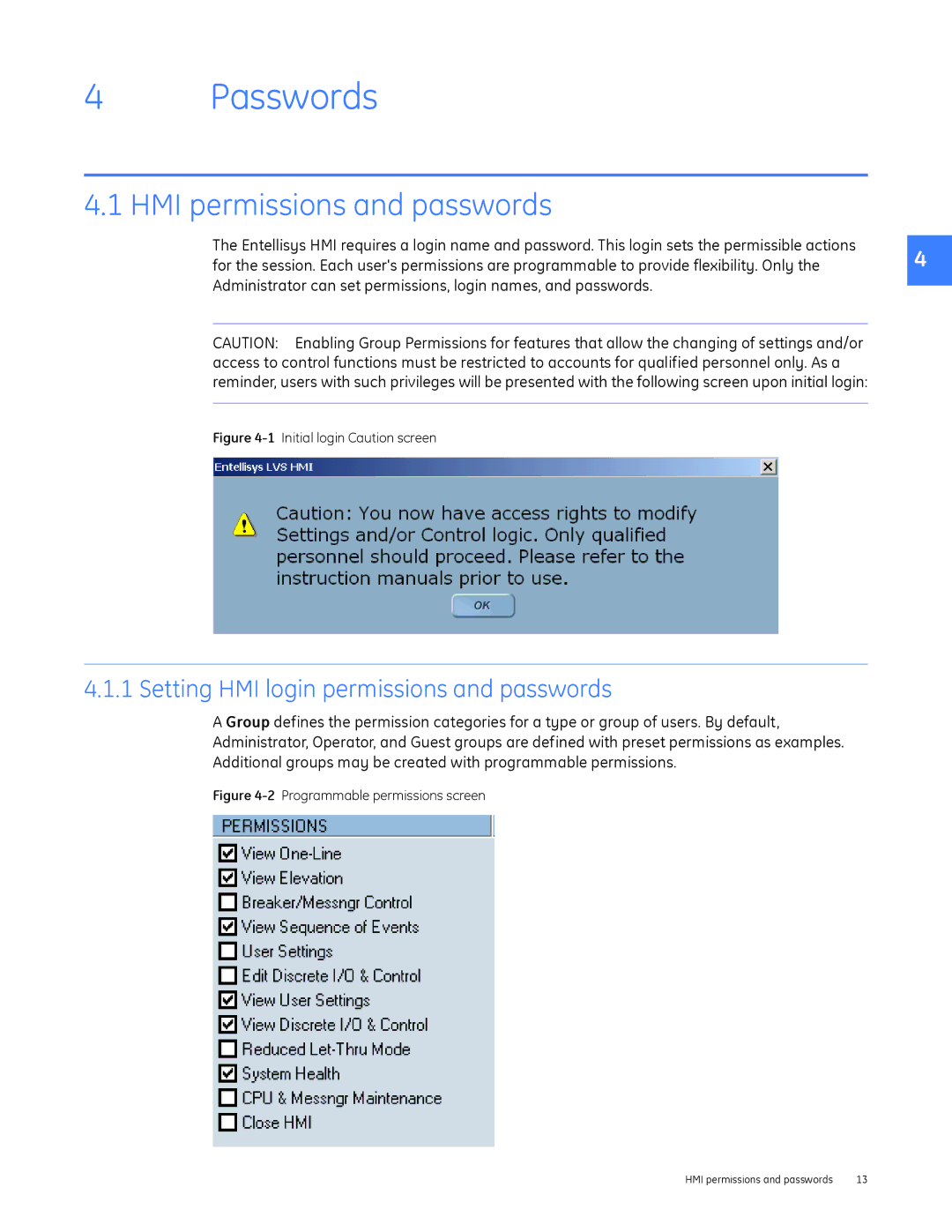 GE DEH-230 manual Passwords, HMI permissions and passwords, Setting HMI login permissions and passwords 