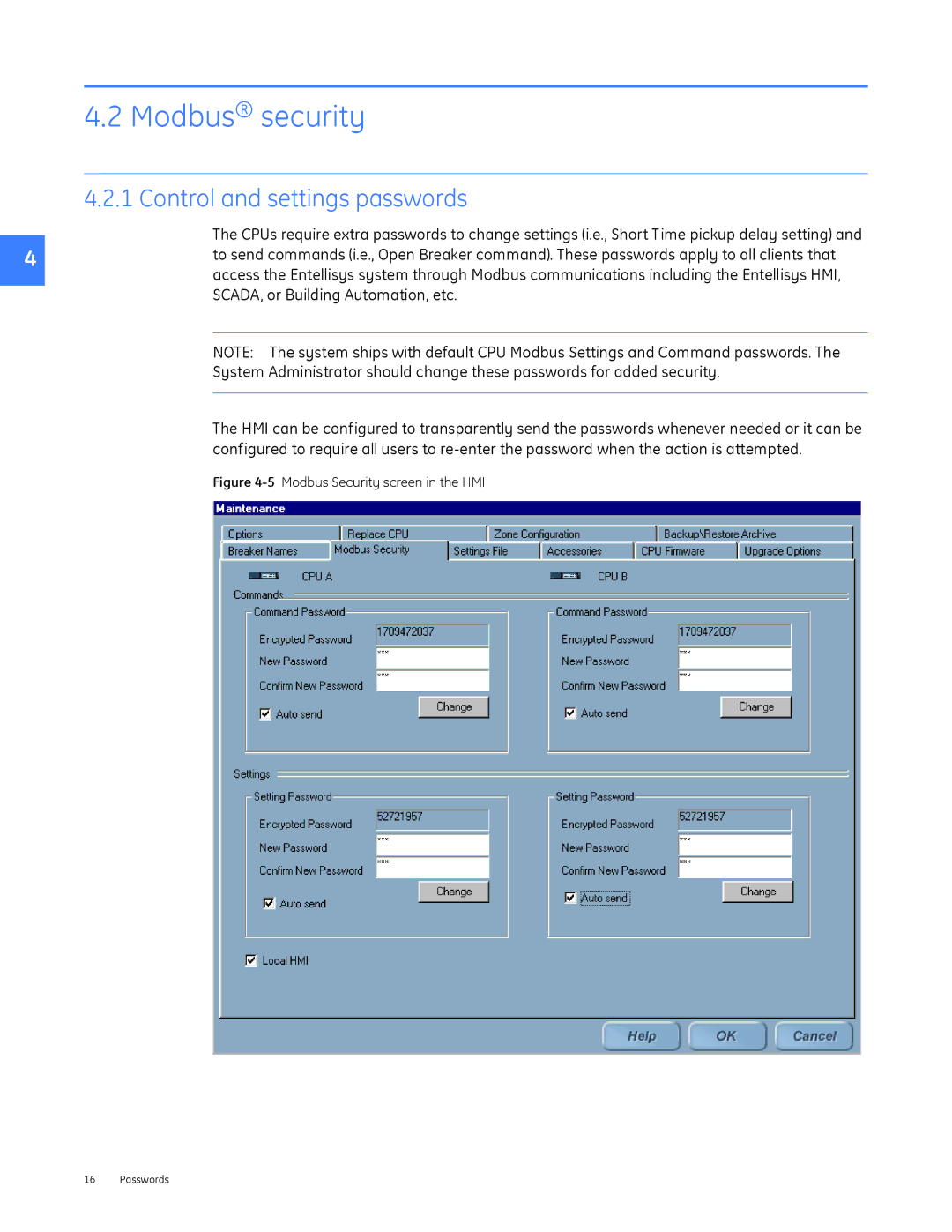 GE DEH-230 manual Modbus security, Control and settings passwords 