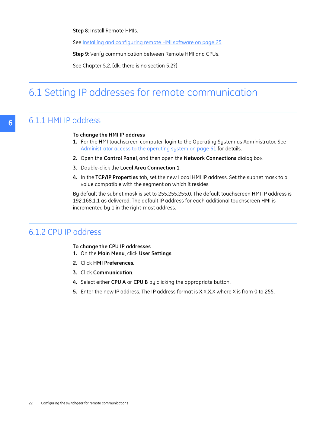 GE DEH-230 manual Setting IP addresses for remote communication, HMI IP address, CPU IP address 