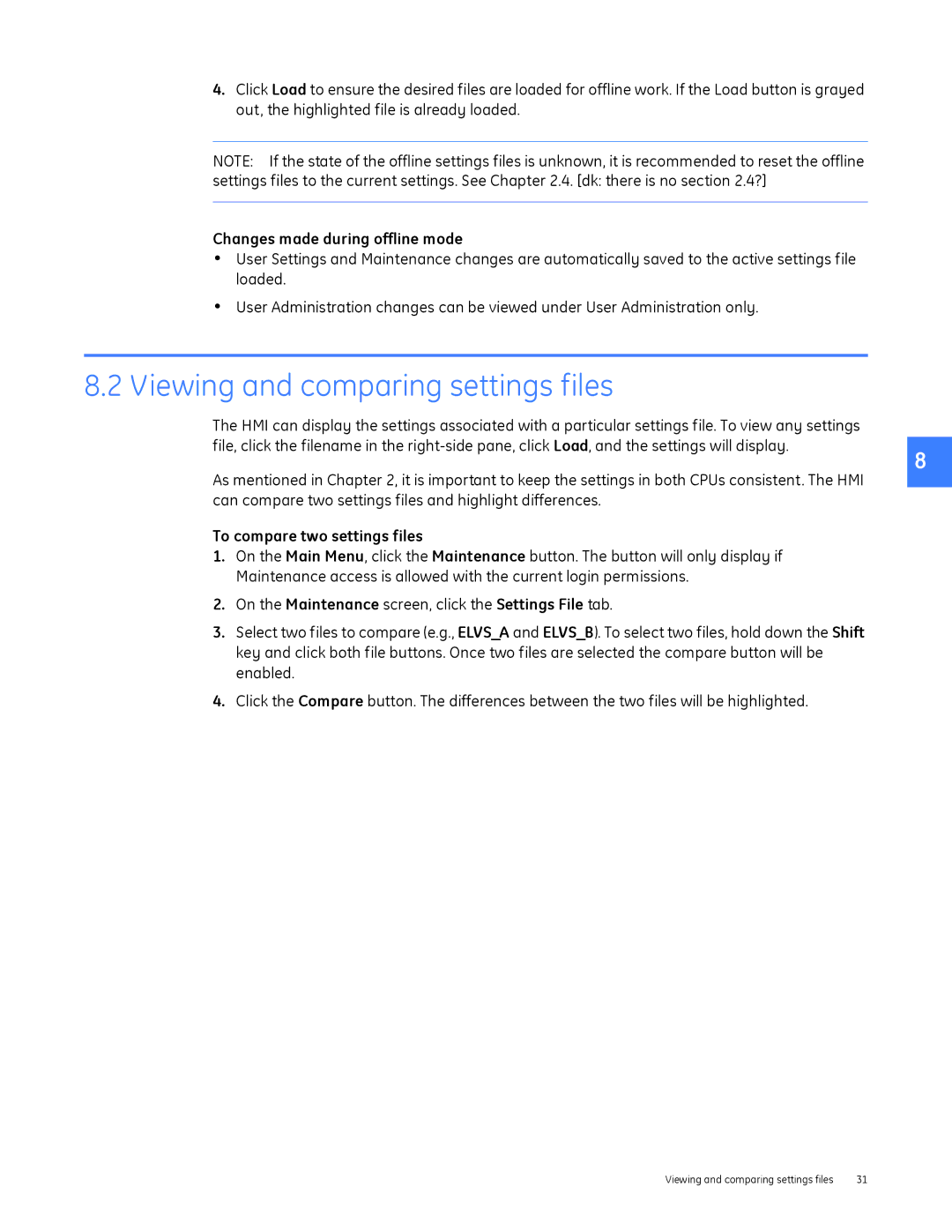 GE DEH-230 manual Viewing and comparing settings files 