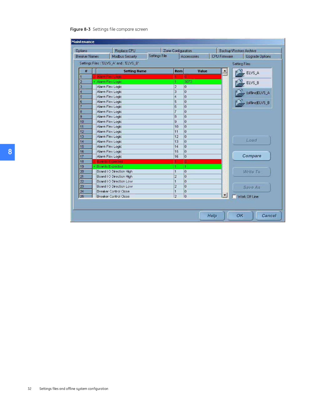 GE DEH-230 manual Settings file compare screen 