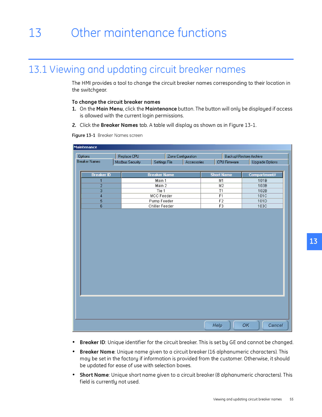 GE DEH-230 manual Other maintenance functions, Viewing and updating circuit breaker names 