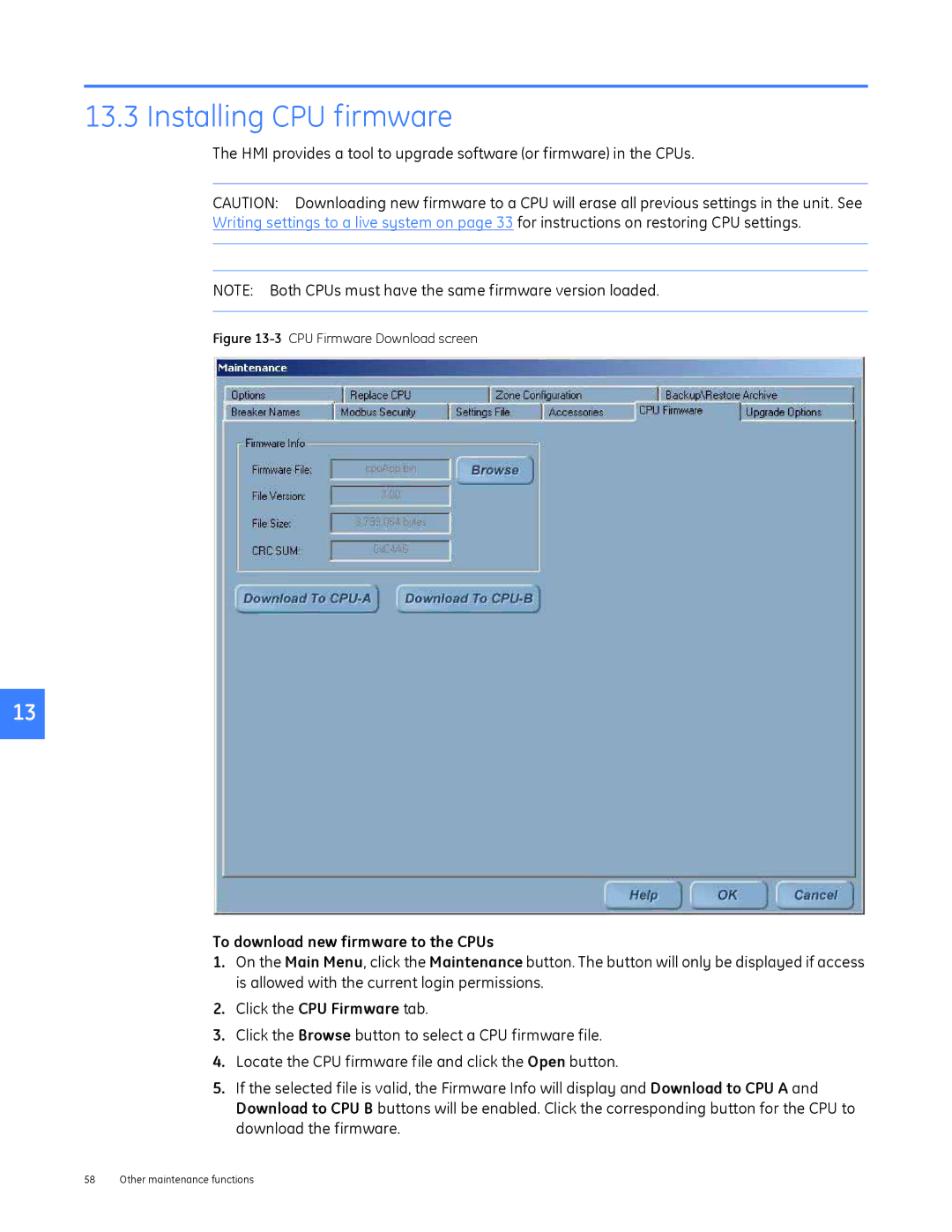 GE DEH-230 manual Installing CPU firmware, CPU Firmware Download screen 