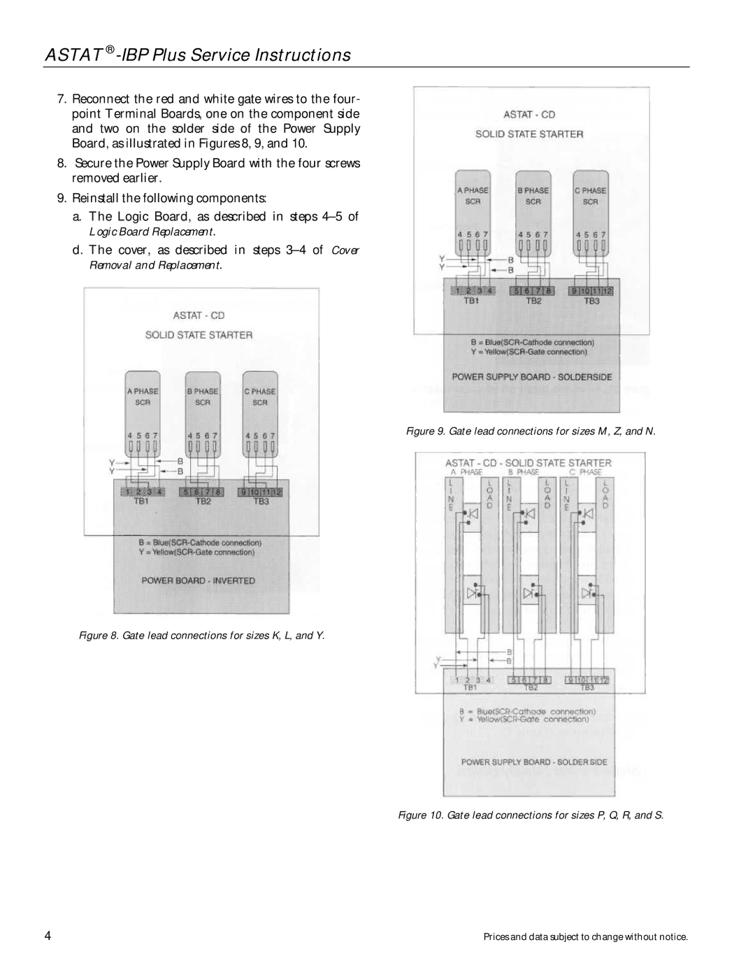 GE DEH-40417 manual Gate lead connections for sizes K, L, and Y 