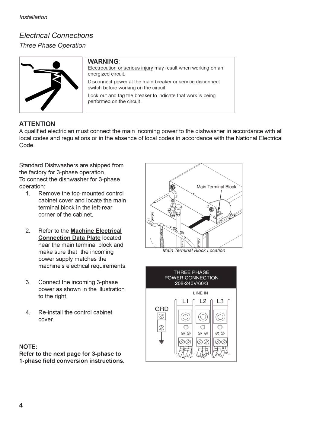 GE DH2000 operation manual Electrical Connections, Three Phase Operation 