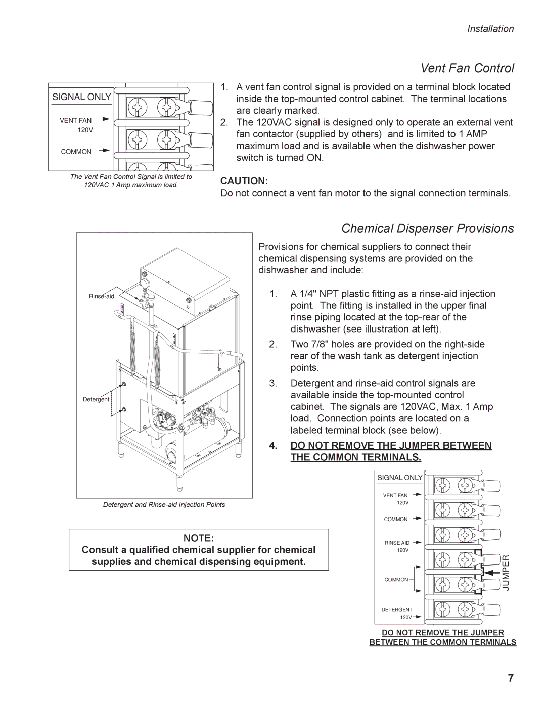 GE DH2000 operation manual Vent Fan Control, Chemical Dispenser Provisions 