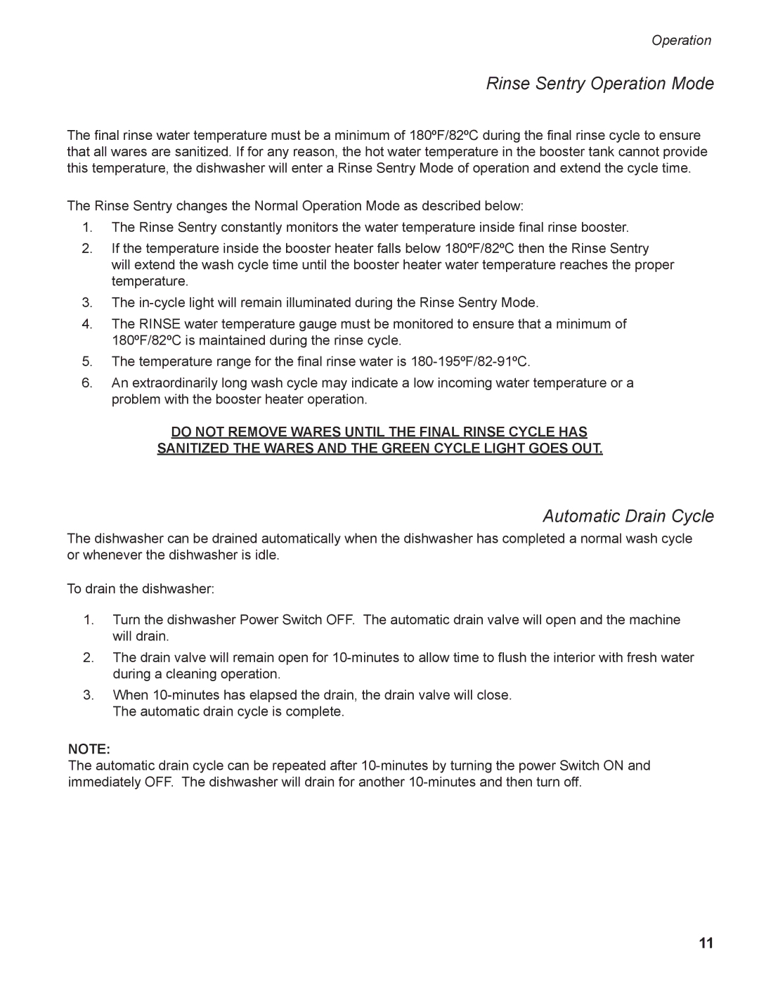 GE DH2000 operation manual Rinse Sentry Operation Mode, Automatic Drain Cycle 