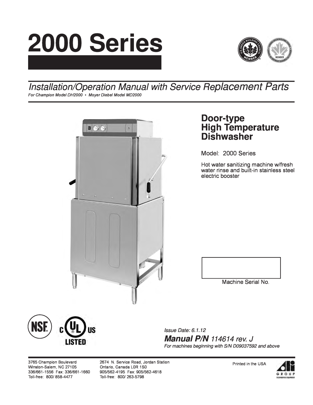 GE DH2000 operation manual Door-type High Temperature Dishwasher, Manual P/N 114614 rev. J, Model 2000 Series 