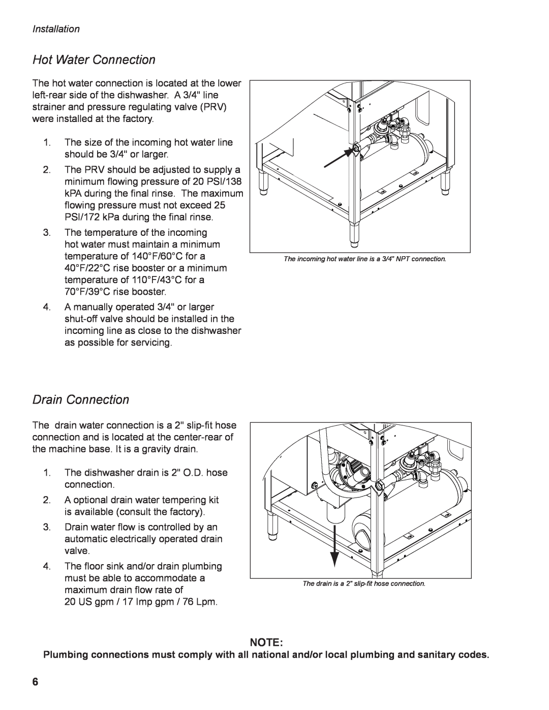GE DH2000 operation manual Hot Water Connection, Drain Connection, Installation 