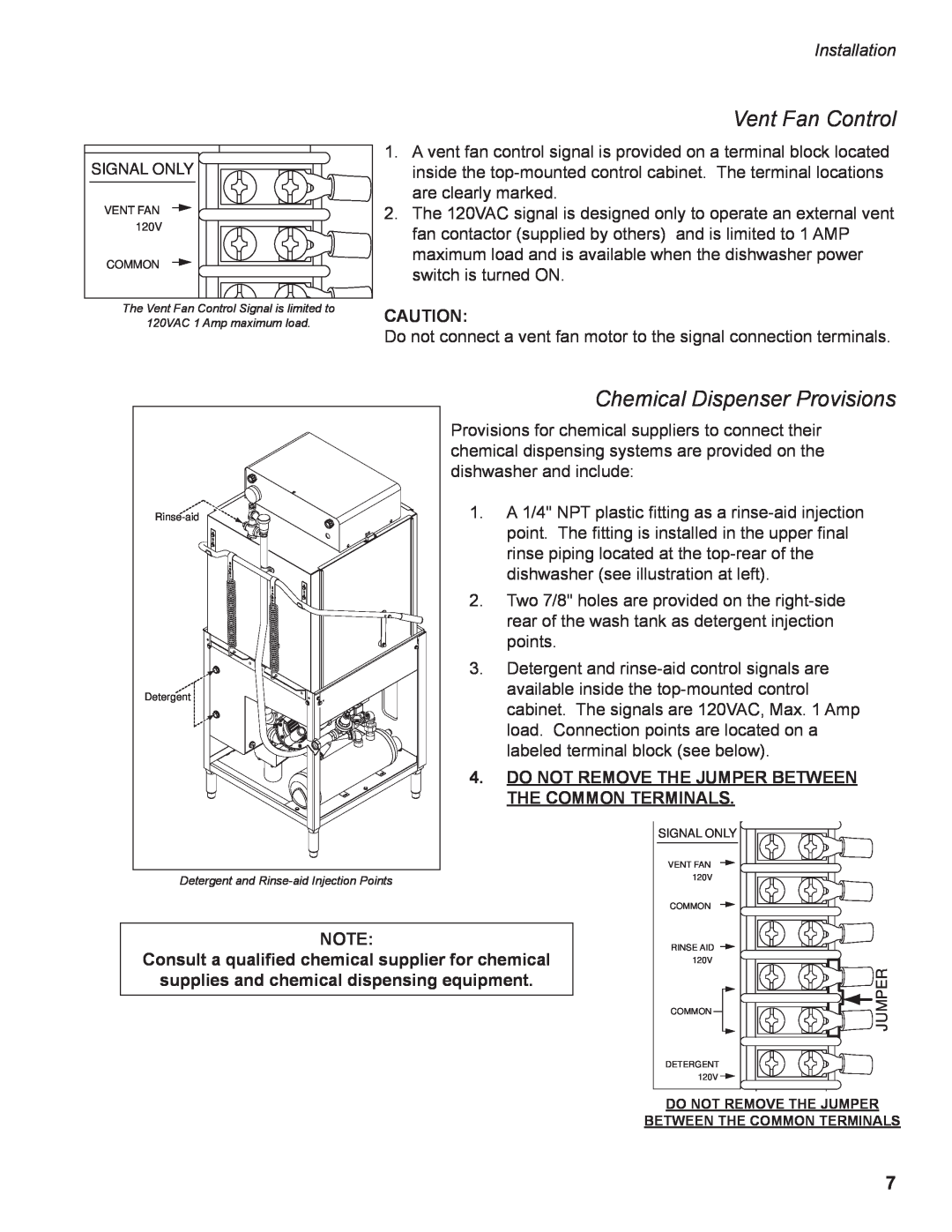 GE DH2000 Vent Fan Control, Chemical Dispenser Provisions, Do Not Remove The Jumper Between The Common Terminals 