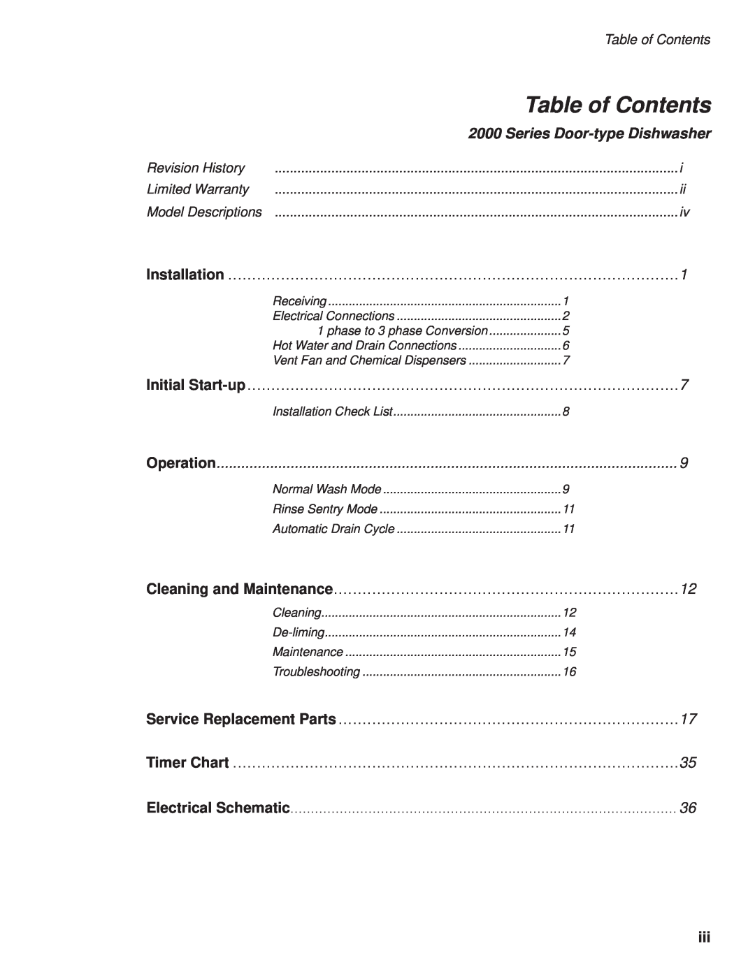 GE DH2000 operation manual Table of Contents, Series Door-type Dishwasher 