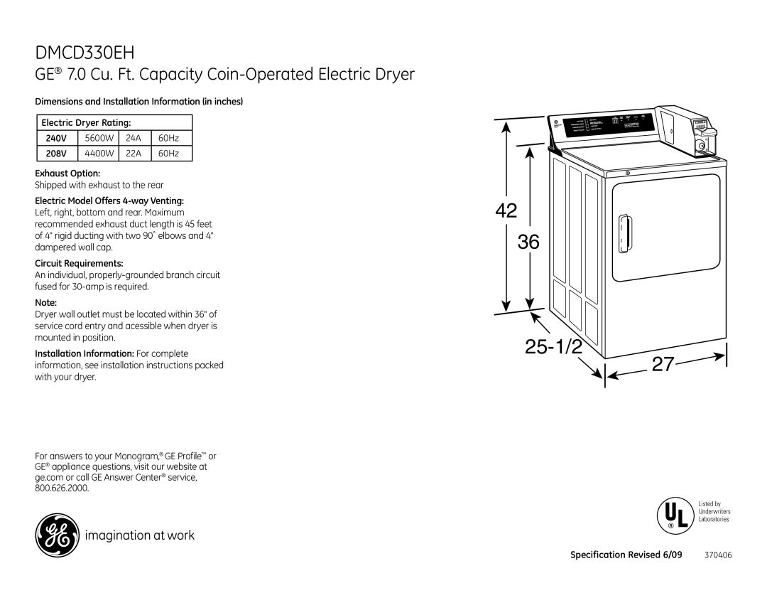 GE DMCD330EH dimensions 208V, Exhaust Option, Electric Model Offers 4-way Venting, Circuit Requirements 