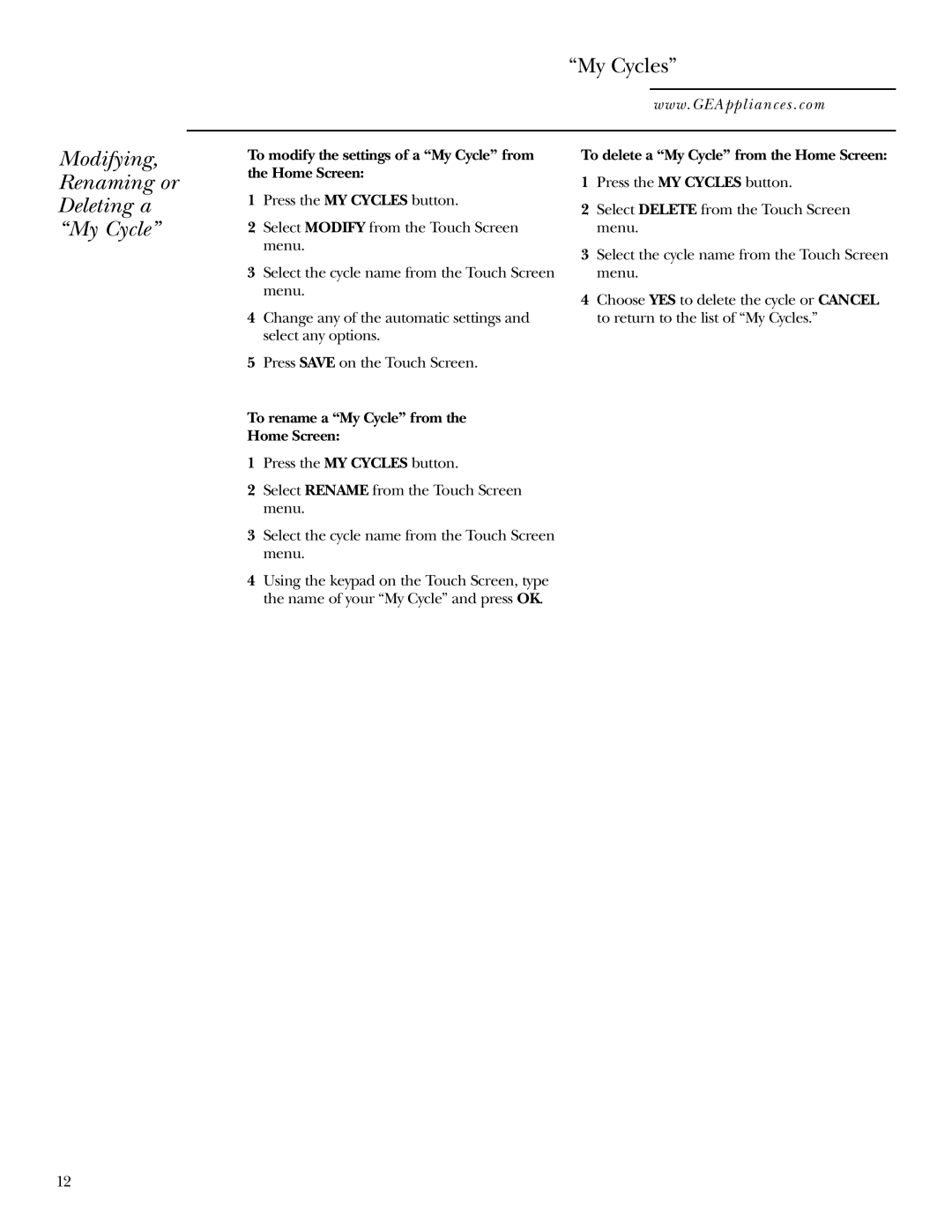 GE Dryer Modifying, Renaming or Deleting a My Cycle, To modify the settings of a My Cycle from the Home Screen 