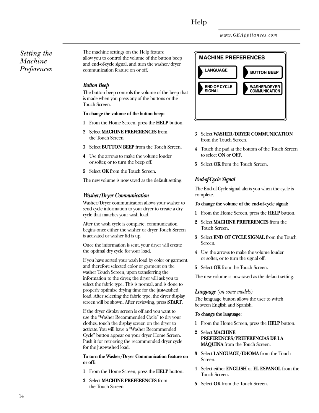 GE Dryer operating instructions Setting Machine Preferences 