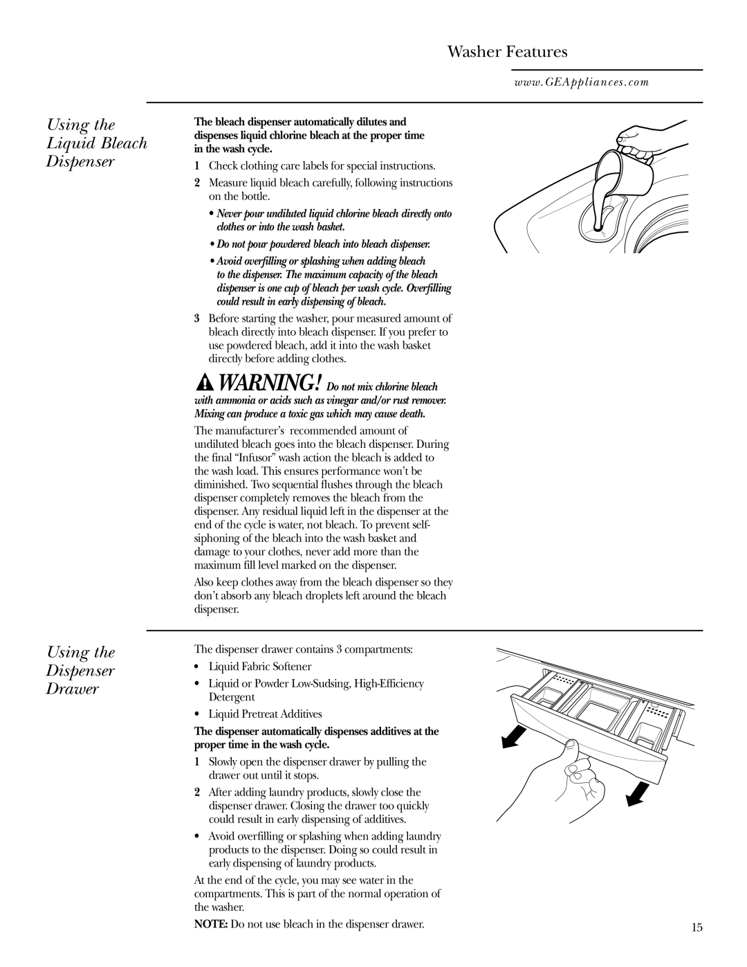 GE Dryer operating instructions Using Liquid Bleach Dispenser Drawer, Washer Features 