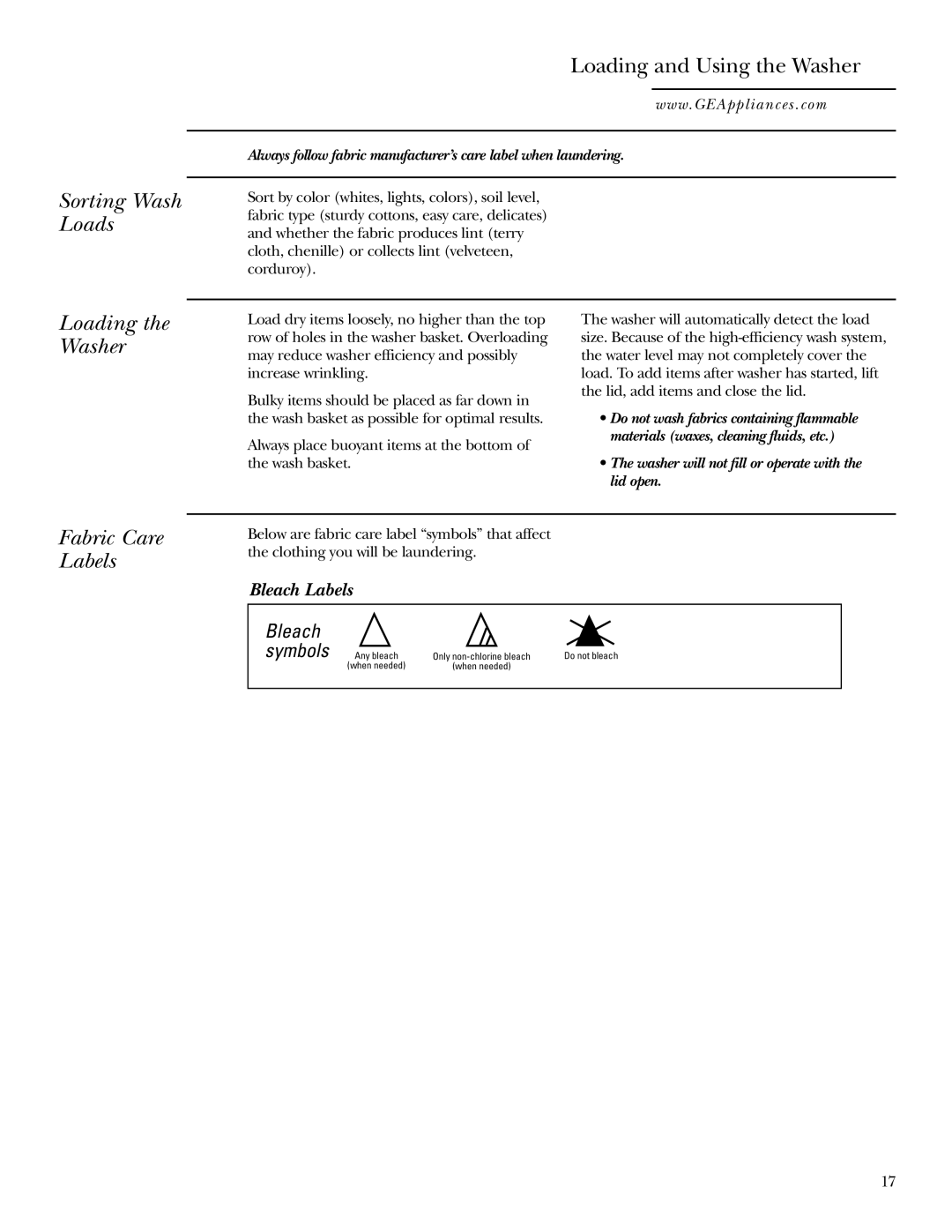 GE Dryer operating instructions Sorting Wash Loads, Loading and Using the Washer, Loading the Washer, Fabric Care Labels 