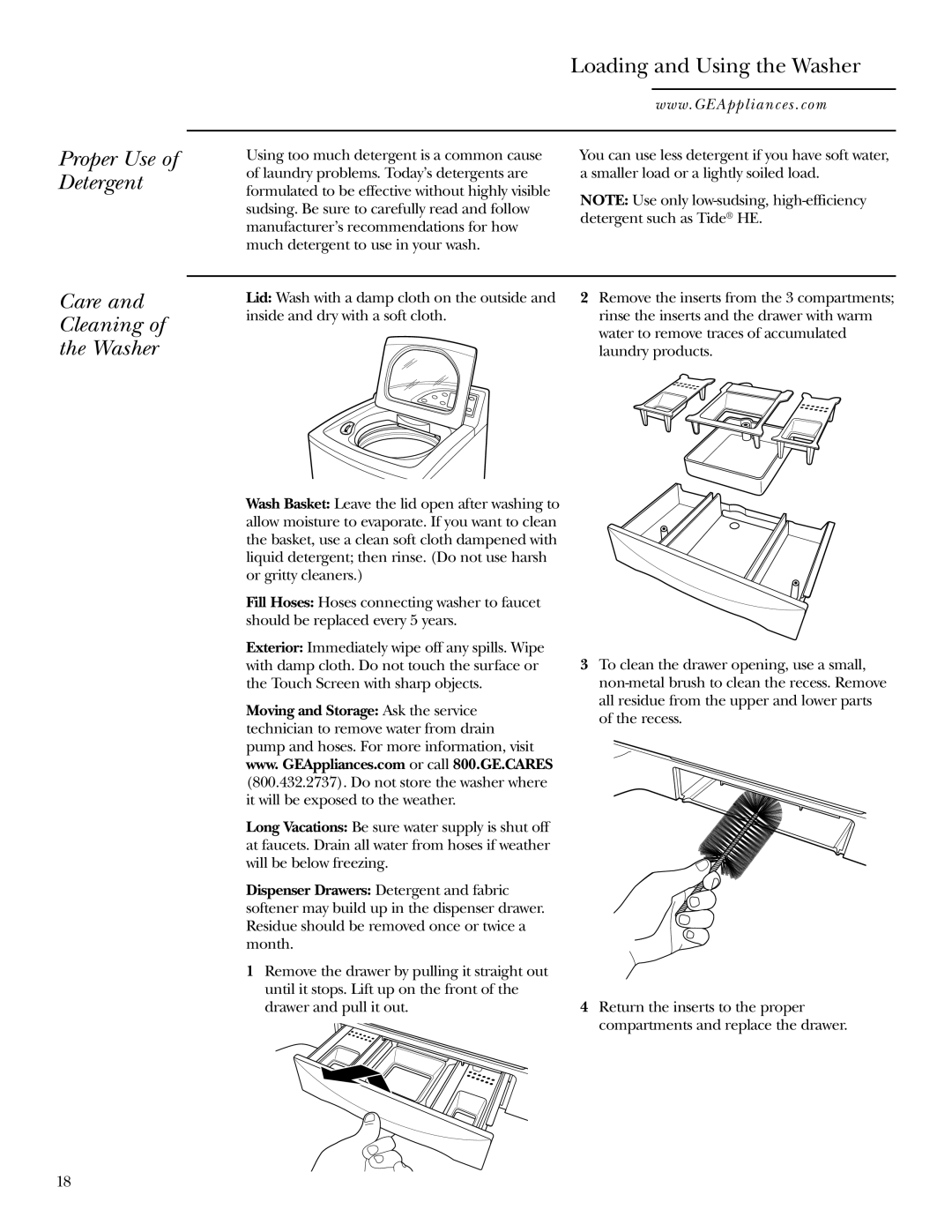 GE Dryer operating instructions Proper Use of Detergent Loading and Using the Washer, Care Cleaning Washer 