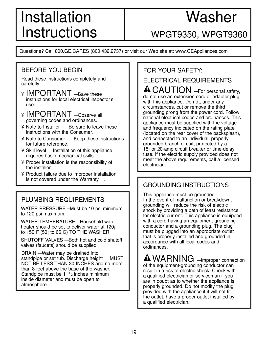 GE Dryer Before YOU Begin, Plumbing Requirements, For Your Safety Electrical Requirements, Grounding Instructions 