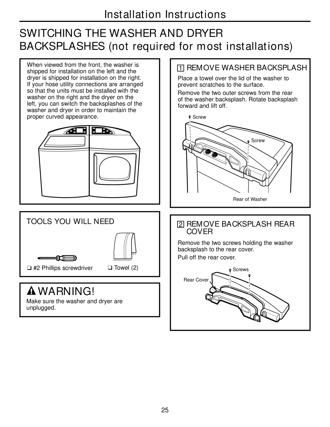 GE Dryer operating instructions Remove Washer Backsplash, Remove Backsplash Rear Cover 