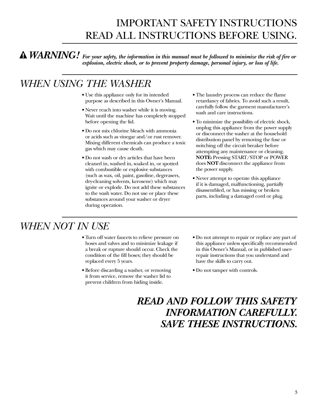 GE Dryer operating instructions When Using the Washer 