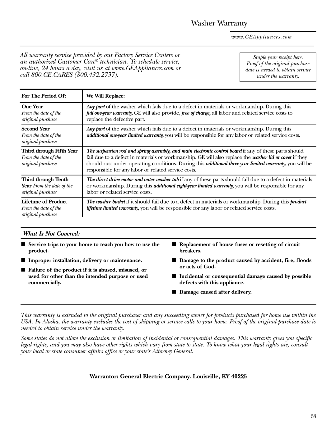 GE Dryer operating instructions Washer Warranty, Original purchase, Year From the date 