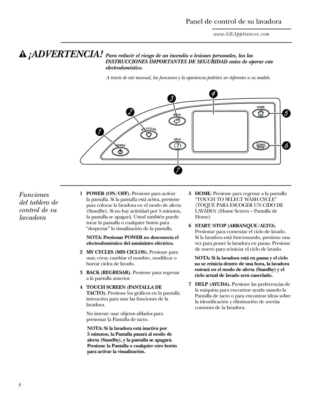 GE Dryer operating instructions Panel de control de su lavadora, Funciones del tablero de control de su lavadora 