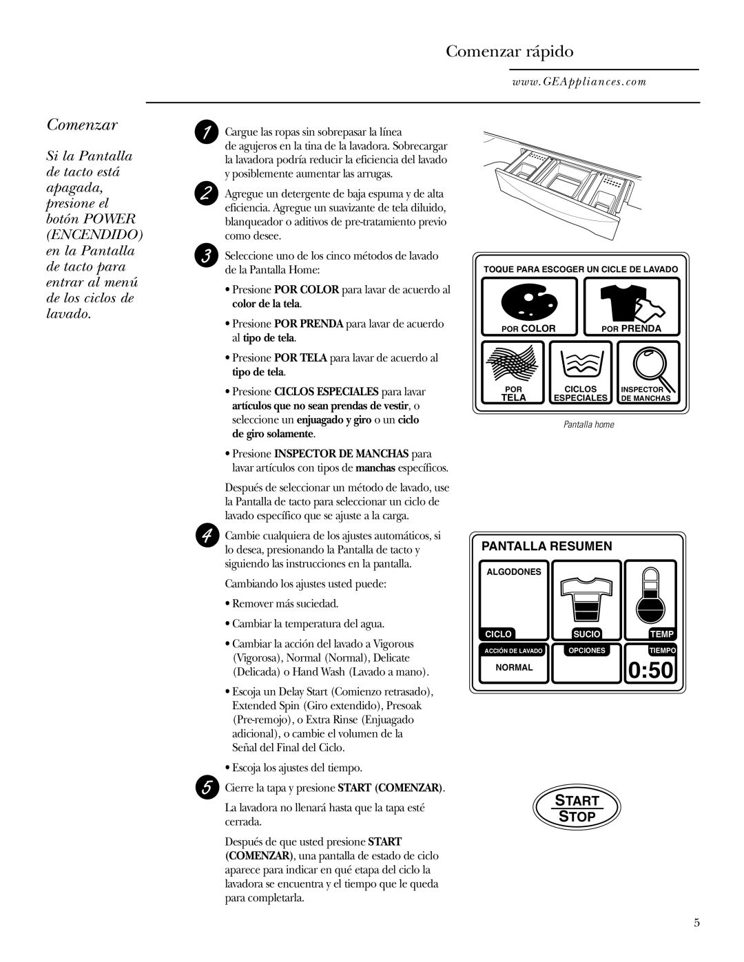 GE Dryer operating instructions Comenzar rápido, Pantalla Resumen 