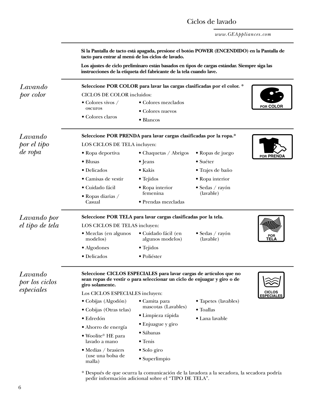 GE Dryer operating instructions Ciclos de lavado, Lavando por los ciclos especiales 