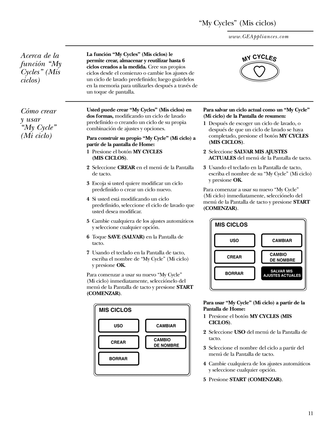 GE Dryer Acerca de la función My Cycles Mis ciclos, Cómo crear Usar My Cycle Mi ciclo, MIS Ciclos 