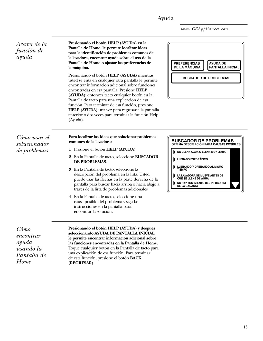 GE Dryer Ayuda, Acerca de la función de ayuda, Cómo usar el solucionador de problemas, Buscador DE Problemas 