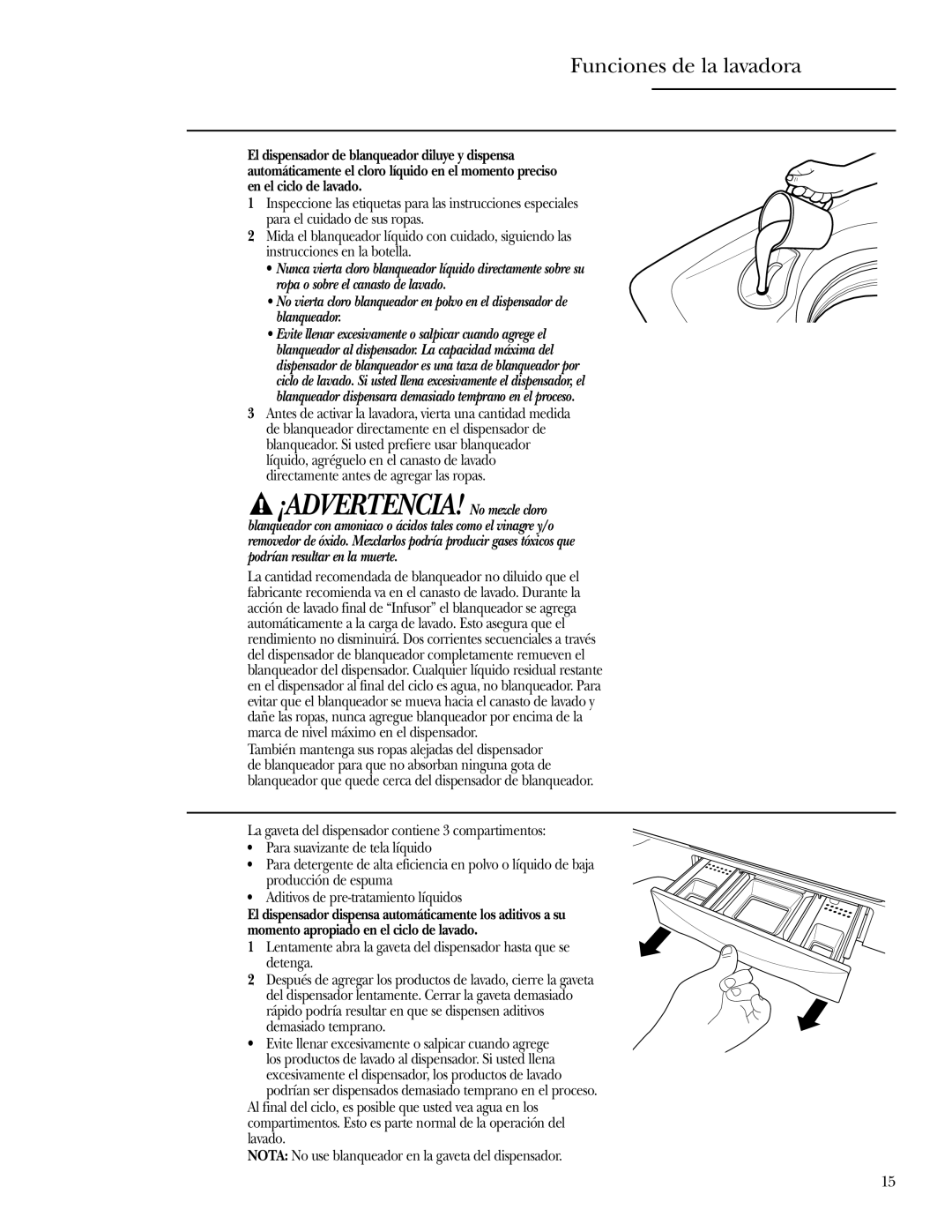 GE Dryer operating instructions Funciones de la lavadora, ¡ADVERTENCIA! No mezcle cloro 