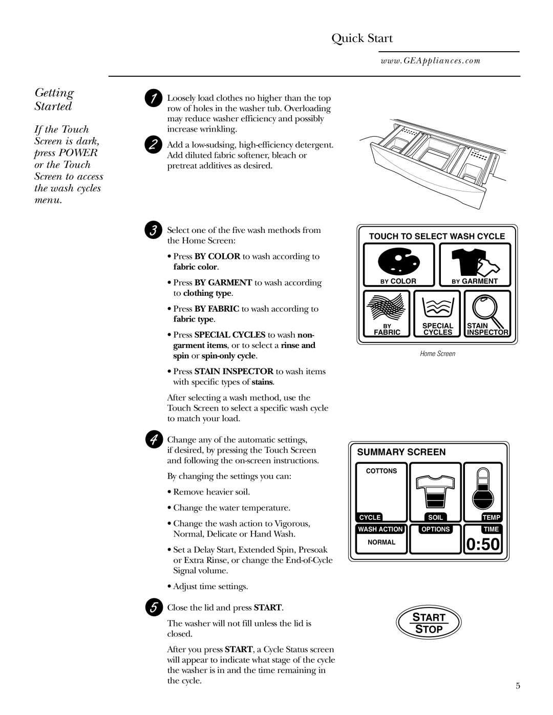 GE Dryer operating instructions Quick Start, Getting Started, Summary Screen, Start Stop 