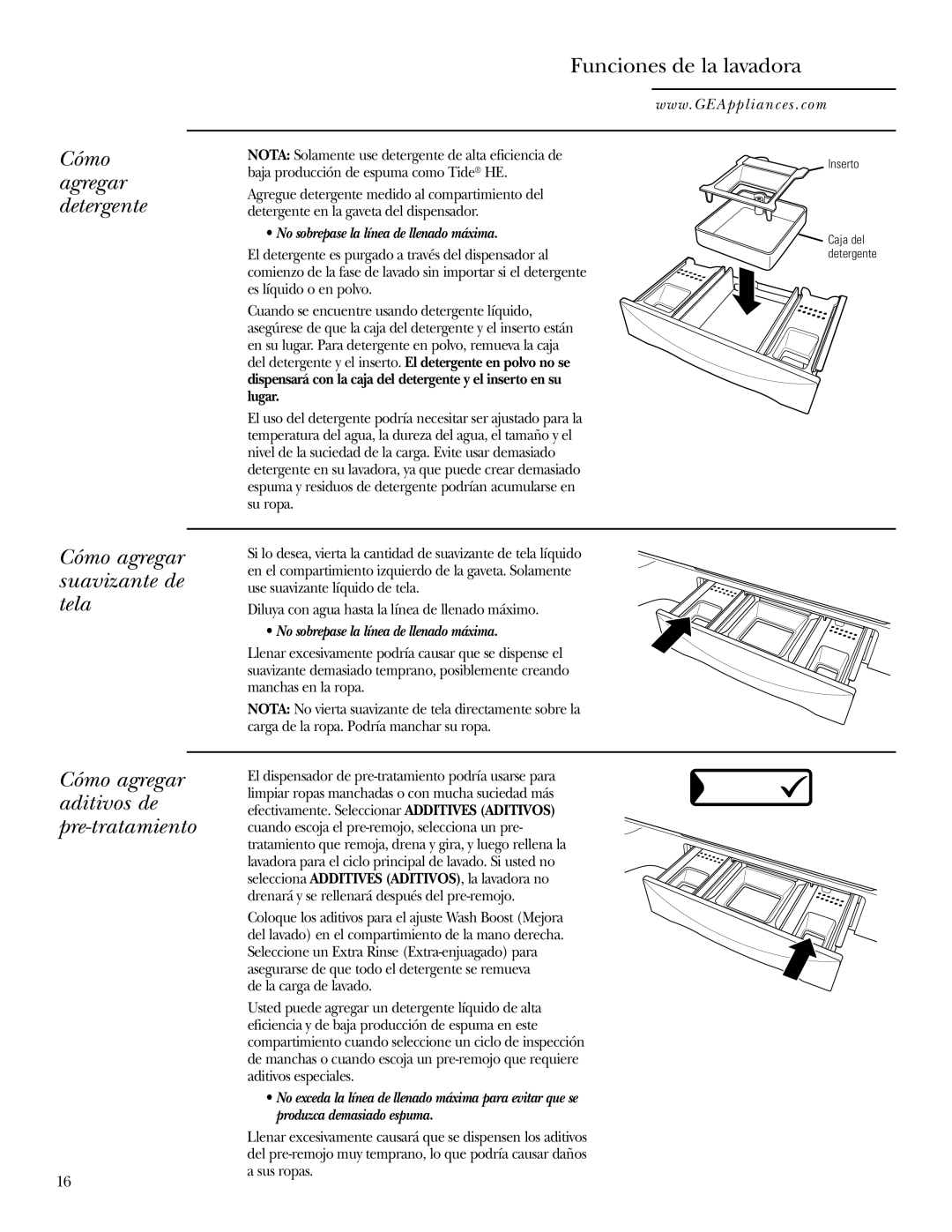 GE Dryer operating instructions Cómo, Agregar, No sobrepase la línea de llenado máxima 