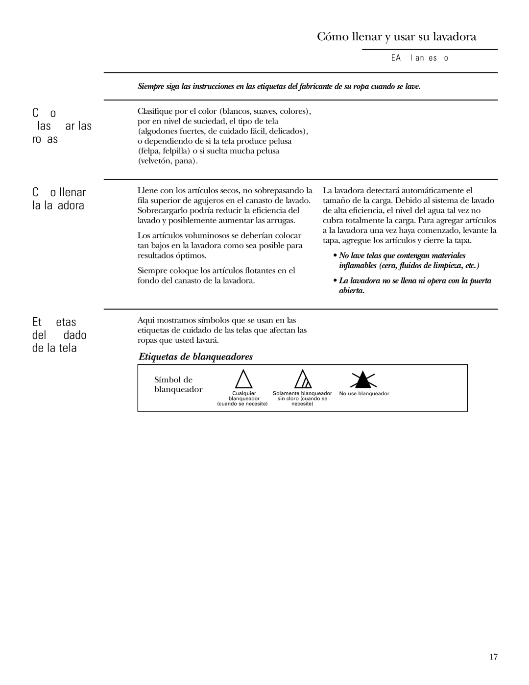 GE Dryer operating instructions Cómo clasificar las ropas, Cómo llenar y usar su lavadora, Cómo llenar la lavadora 