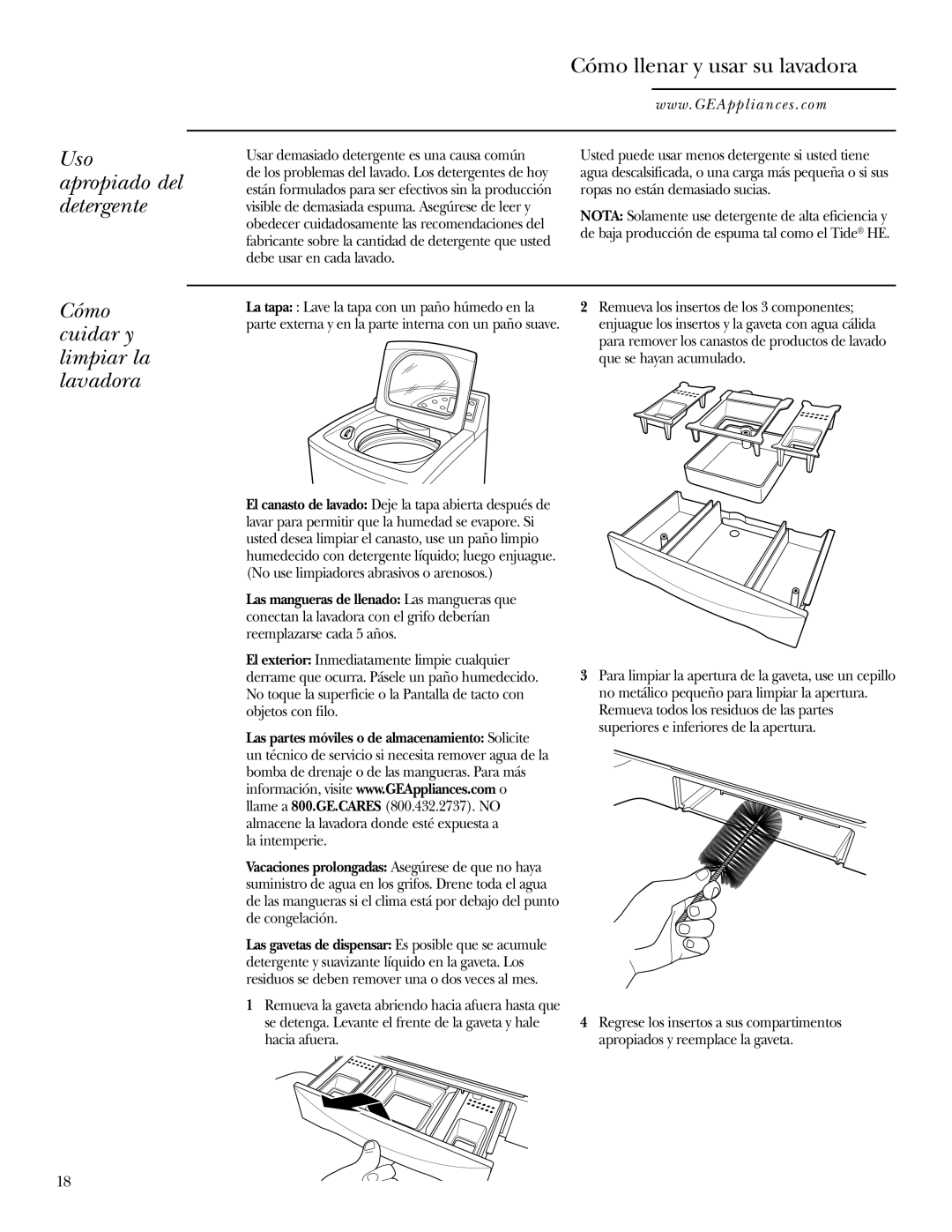 GE Dryer operating instructions Uso apropiado del detergente, Cómo cuidar y limpiar la lavadora 