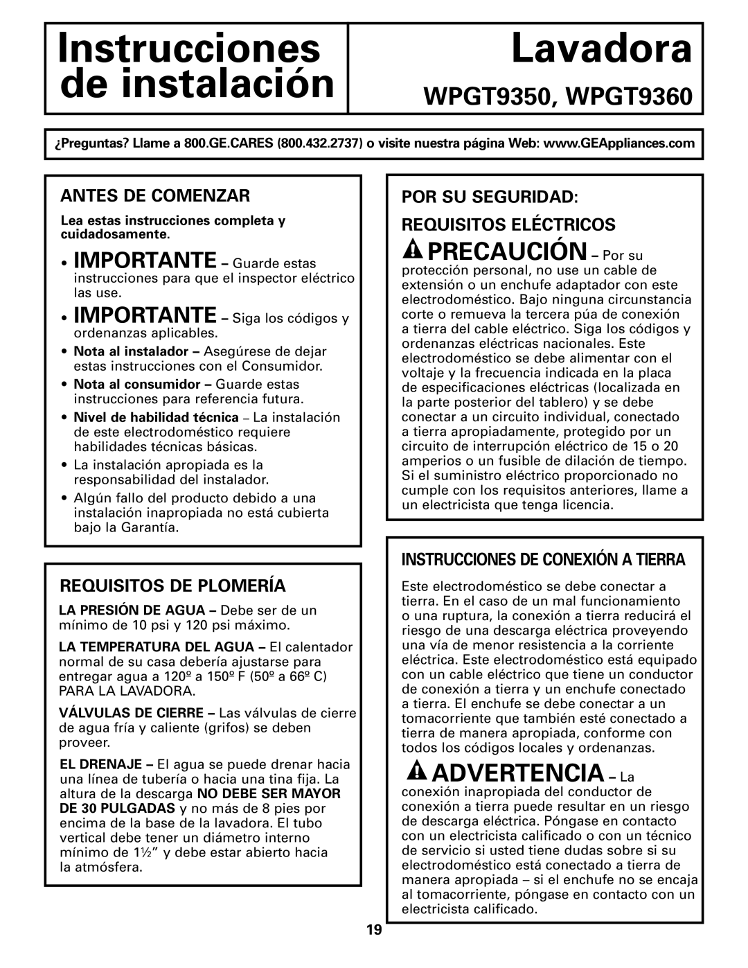 GE Dryer operating instructions Antes DE Comenzar, POR SU Seguridad Requisitos Eléctricos, Requisitos DE Plomería 