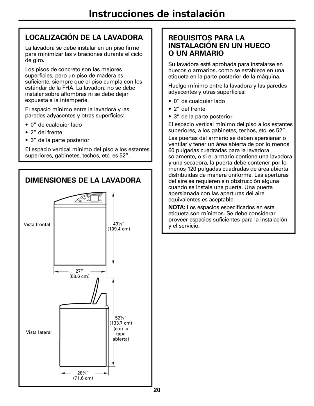 GE Dryer Localización DE LA Lavadora, Dimensiones DE LA Lavadora, Requisitos Para LA Instalación EN UN Hueco O UN Armario 