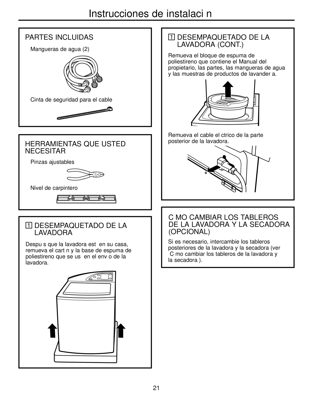 GE Dryer operating instructions Partes Incluidas, Herramientas QUE Usted Necesitará, Desempaquetado DE LA Lavadora 