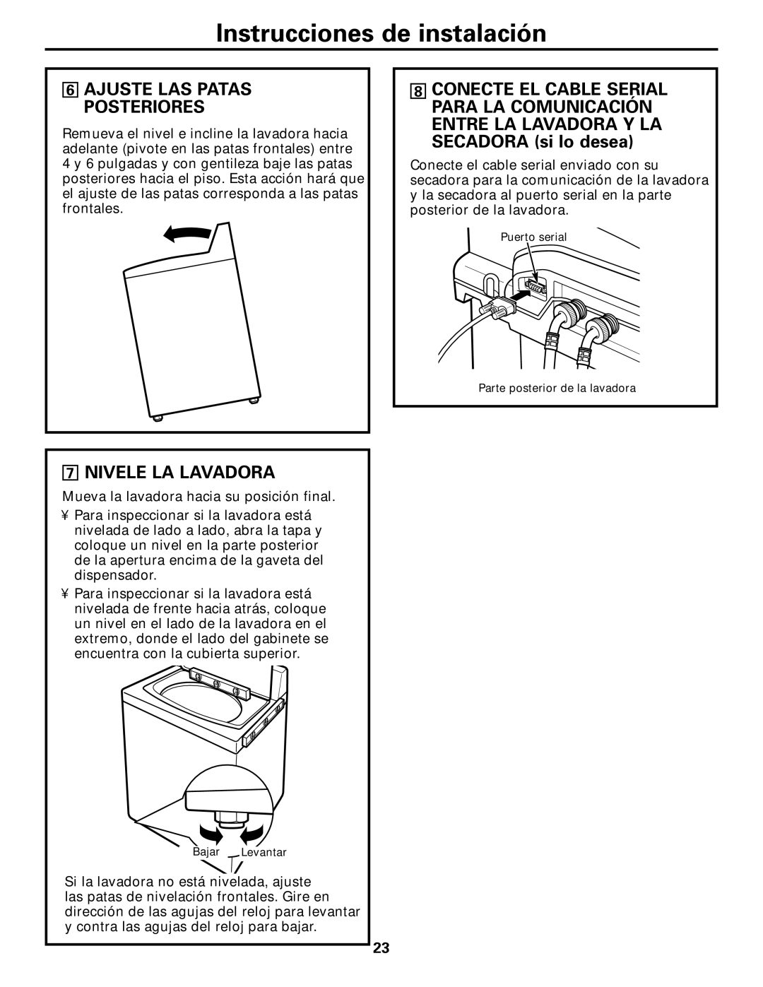 GE Dryer operating instructions Nivele LA Lavadora, Ajuste LAS Patas Posteriores 