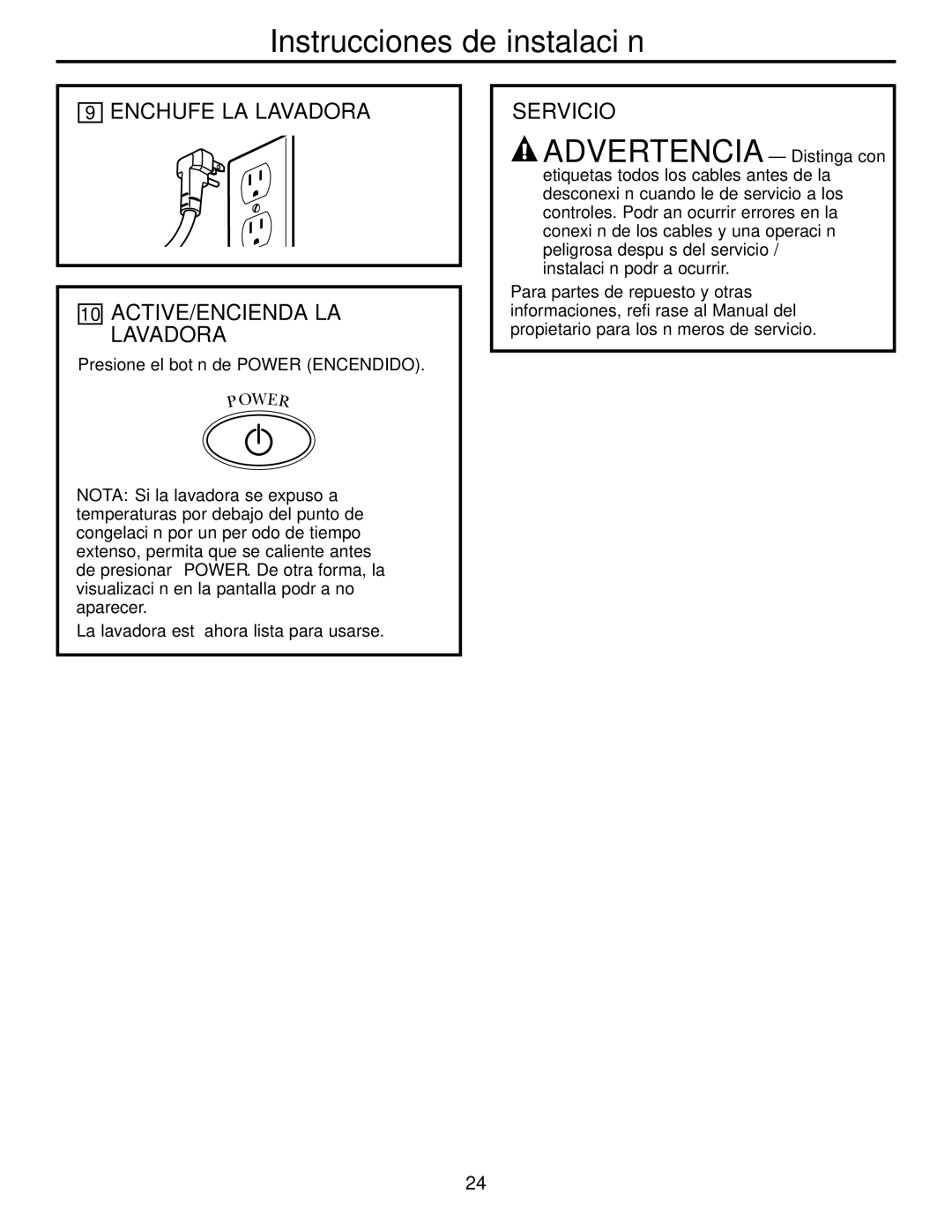 GE Dryer operating instructions Enchufe LA Lavadora ACTIVE/ENCIENDA LA Lavadora, Servicio 